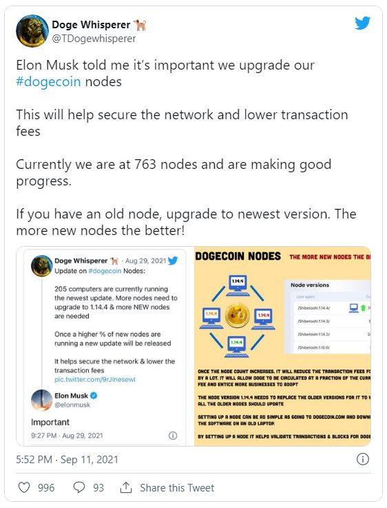 دوج - توئیت ایلان ماسک باعث پیاده سازی 763 گره برای ارتقاء Doge 1.14.4 شد!
