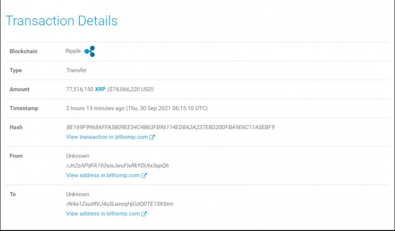 2021 09 30 03 13 25 Window - 157.7 میلیون XRP بین پلتفرم های بزرگ کریپتو جا به جا شد