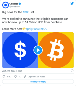 Screenshot 2021 11 03 at 19 27 20 Twitter Embed 267x300 - با بیت کوین وام بگیرید؛ Coinbase اکنون از وام دهی بیت کوین پشتیبانی می کند