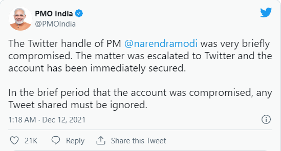 2021 12 12 09 37 12 Indian prime minister Modis hacked Twitter account attempts BTC scam Brave - حساب توییتر مودی، نخست وزیر هند، هک و برای کلاه برداری بیتکوینی استفاده شد