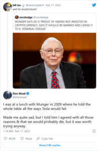 Screenshot 2022 02 17 at 10 05 54 Elon Musk Has Best Response Ever to Charlie Mungers Bitcoin Criticism 197x300 - ایلان ماسک بهترین پاسخ را به انتقادات چارلی مانگر از بیت کوین می دهد